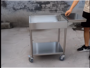 BMZAR Stainless Steel Seasoning Cart with Condiment Cups Mobile Kitchen Spice Trolley with Wheels for Restaurant Food Stall and Home Kitchen