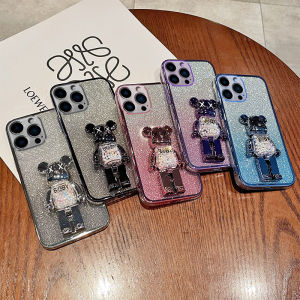 For VIVO Y20/Y20i/Y20S/Y20A/Y12S/Y12A/Y12i/Y15A/Y15S/Y21A/1904/1938/V2026/V2027/V2028/V2029/V2032/V2033/V2042/V2043Fashion Gradient Color Phone Case Luxury Electroplated Flash Pink Cute Violent Bear Soft Silicone Phone Cover+Bracket