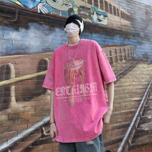 Pink Short Sleeve Hiphop T-shirt Mens Summer American High Street Oversize Five Sleeve Seven Length Casual Fashion Tee