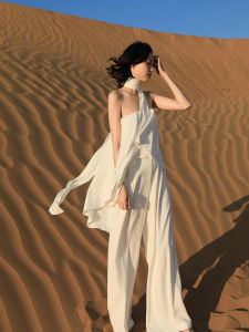 Casual Wide Leg Pants Summer Long One-Piece Outerwear Fashionable Chiffon Wrap Chest Jumpsuit Women Spring Style High Waist