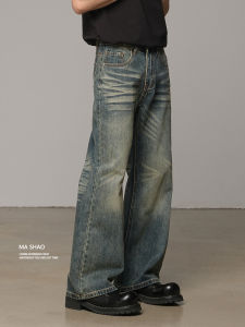 Retro American Washed Cat Jeans Mens Loose Straight Leg Wide Leg Casual Trousers Autumn New Style Youth Cotton Denim