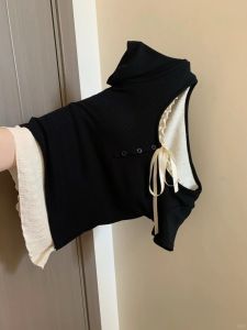 Plus Size Summer T-Shirt for Women with U-Neck Slimming Design Faux Two-Piece Wooden Ear Edge Beauty Work Clothing K-Style Youth Pattern Color Matching