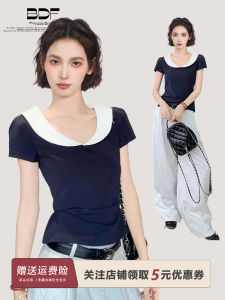Slim Fit Short Sleeve T-Shirt Womens Summer Fashion Doll Collar V-Neck Top Korean Style Solid Color round Neck Shirt