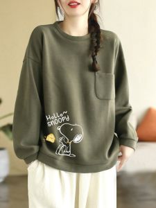 Brand Discount Big Sale Pure Cotton Sweatshirt Womens Loose Plus Size Slim Looking High-End Womens round Neck with Pockets Autumn Winter Coat