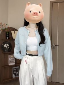 Blue Knitted Short Coat Womens Outerwear Top Sweater Cardigan Lazy Style Early Autumn Fashion Korean Straight Cut Long Sleeve