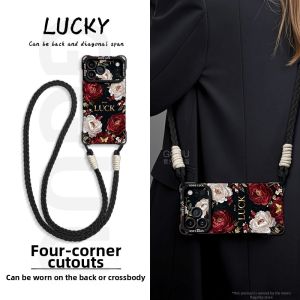 Shockproof Full-body Silicone Case with Wrist Strap and Lanyard Support Embroidered Luck Floral iPhone Case