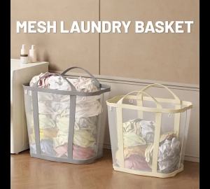 Nylon Mesh Laundry Basket Large Capacity Folding Clothes Toy Storage Bag Portable Organizer Bin Basket With Handle For Bathroom