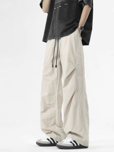 Mens Straight Leg Pleated Sports Long Pants Solid Color Casual Fashion Urban Style Elastic Waist mid Waist Summer Length