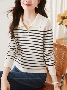 เสื้อสเวตเตอร์ถักคอโปโลลายทางแขนยาวทรงสลิมฟิตสำหรับผู้หญิง เสื้อชั้นในสั้นทรงเข้ารูป แฟชั่นฤดูใบไม้ร่วง/ฤดูหนาว