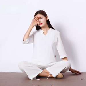 Ksua Cotton and Linen Yoga Clothes Womens Suit White Practice Tai Ji Suit Lay Buddhist Clothes Zen Meditation Clothes Zen Tea Gown