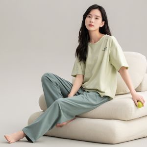 Miiow | Pure Cotton Sleepwear Set For Women Short Sleeve Long Pants Home Clothes Spring Autumn Casual Wearable Comfortable Breathable