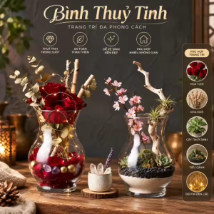 Set 2 Bình Hoa Thủy Tinh Dáng Bầu Cổ Loe P28 Decor Cắm Hoa Trồng Cây Cao Cấp