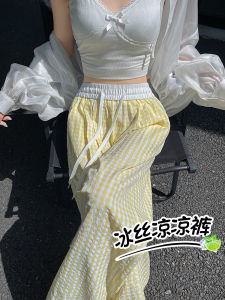Dopamine Yellow Plaid Loose Casual Thin Womens Summer Pants High Waist Wide Leg Long Trousers Unique Stylish M.L.Island