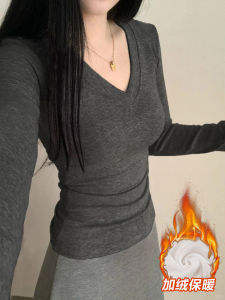 Slim Fit Long Sleeve Fleece Lined V Neck T Shirt Womens Autumn Winter Thermal Top Fashionable Shoulder Length Casual Shirt