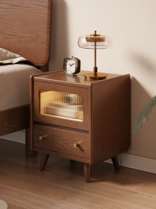 DONGMU | Retro Solid Wood Nightstand Bedside Shelf With Light