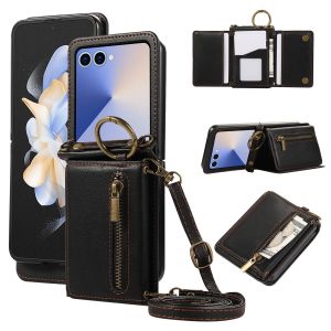 szhaiyu | Lanyard Ring Holder Wallet Leather Phone Case for Samsung Galaxy Z Flip 8 7 FE 6 5 4 5G Crossbody Zipper Card Holder Cover