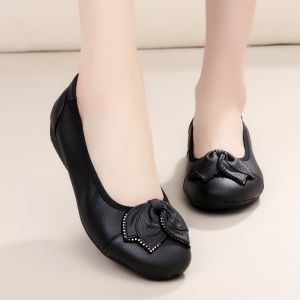 Spring and Autumn Genuine Leather Doug Shoes Womens Soft Bottom Non-Slip Shoes Middle-Aged Temperament Female Plaid Flats Mom Leather Shoes Bows