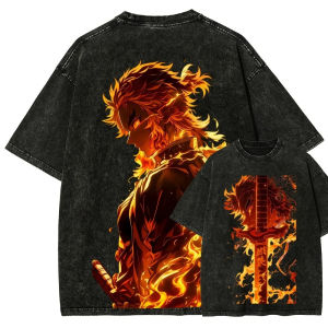 Bandai | Demon Slayer Mens and Womens Washed T-Shirt Kyojuro Rengoku Summer Spring Anime Tee Retro Distressed High Quality Short Sleeve