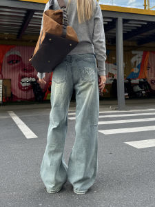 Quần Jeans Công Sở Ống Thẳng Rộng Thêu Phong Cách Mỹ Cổ Điển Quần Thường Ngày Cho Nam Nữ Quần Jeans Denim Cạp Cao