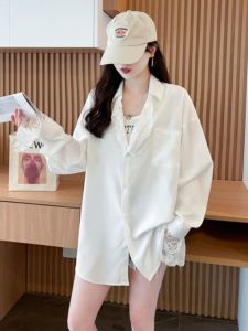 เสื้อเชิ้ตแขนยาวหลวมๆ คอปกลูกไม้ ทรงยาวปานกลาง สำหรับผู้หญิง ชุดออกกำลังกาย ป้องกันแสงแดด ระบายอากาศได้ดี ผ้าฝ้ายผสม