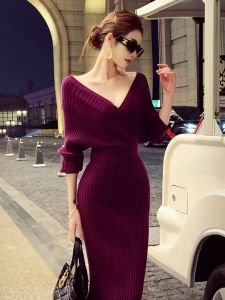 SHANGSHA | Elegant Purple Knit Dress