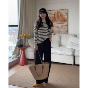 YUEZHONGWEI | Summer Thin Ice Silk Long Sleeve T-Shirt Womens Loose Over Shirt Round Neck Striped Color Block Air Conditioning Top
