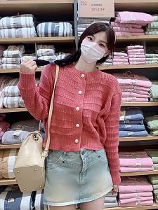Women Casual Plain Button Front Metal Cardigans Korean Round Neck Long-Sleeved Short Knit Sweater L2226