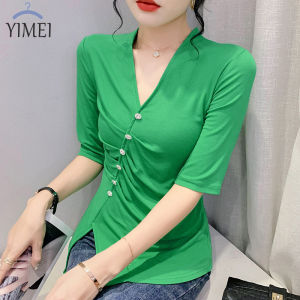 AIYIKU Áo Cổ Chữ V Gợi Cảm Mới 2023 Áo Thun Cotton Cá Tính Thời Trang Tay Ngắn Áo Không Chính Quy Có Cúc Dáng Ôm Cho Nữ