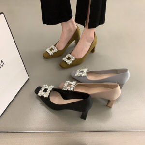 French Style Chunky Heel Black Elegant Lady Single Shoes Womens Shoes 2025 New Spring Pointed Toe Rhinestone Fashion High Heels