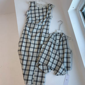 Váy Vest Không Tay Cạp Cao Họa Tiết Kẻ Caro Dài Vừa Phải Hở Lưng Mùa Hè Cho Nữ Váy Công Sở Cổ Tròn Không Tay