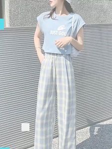 กางเกงขายาวลายสก็อต กางเกงขายาวผู้หญิง Cotton 9 สี",