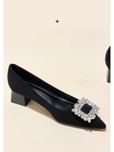 รองเท้าส้นสูงประดับคริสตัลสีดำสำหรับผู้หญิง ส้นหนา ทรงหัวแหลม รองเท้าส้นสูงแบบสวมสบาย รองเท้าแฟชั่นฤดูใบไม้ร่วง