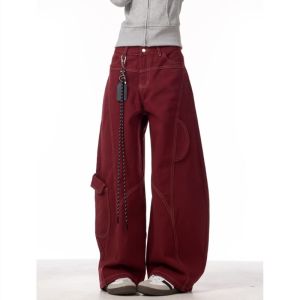 Cargo Red Casual Jeans Womens Workwear Pants Loose Straight Wide Leg Trousers Spring Korean Style Lazy Comfortable Chic