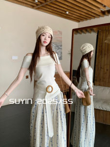SUYIN Korean Style Pure Color One Shoulder Slim Short Sleeve Knitted Summer Beautiful Floral Wide Leg Pants Skirt Set