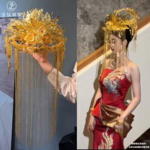 Gold Dragon And Phoenix Crown Wedding Headwear Chinese Style New Bride Face Curtain Hair Accessories Alloy Electroplated Jewelry
