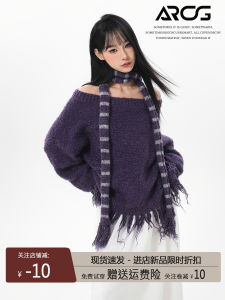 Áo Len Dệt Kim Dày Màu Tím Hở Vai Cho Nữ Khăn Sọc Dáng Rộng Dài Tay Cổ Chữ V Mùa Thu Đông Phong Cách Thường Ngày Cao Cấp