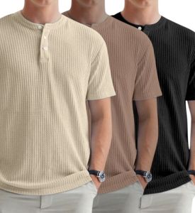 pack 3 baju kaos berkancing waffle polos lengan pendek pria