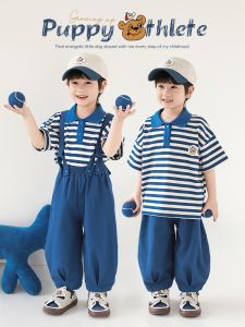 Slimming Effect Summer New Style Kids Clothing Set with Stripe Collar T-Shirt And Loose Shorts for Boys Casual Cotton Blend Fabric