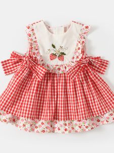 Summer New Plaid Strawberry Princess Dress Thin Style Little Girls Skirt Cotton A-Line Midi Dress round Neck No Sleeve