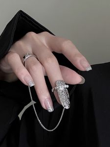 Cool Style Ins Opening Adjustable Nail Ring Set Personality Pearl Nail Ring Integrated Chain Design Ring