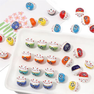 13X14มม. มือจับ2ชิ้น/ถุงตัดเซรามิกเพ้นท์สีลูกปัดรูตรงแมวสำหรับเครื่องประดับทำสร้อยคอมูมี DIY