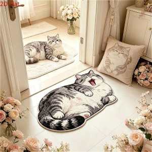 VIKAMA Tabby Cat Shaped Yawning Cute Fat Cat Pet Animal Art Flannel Door Mat Non Slip Entryway Bedroom Living Room Home Decor