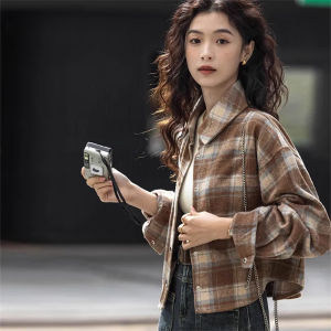 Retro American Red Plaid Brushed Long Sleeve Shirt Womens Loose Short Outerwear Spring Autumn Design Sense Korean Style