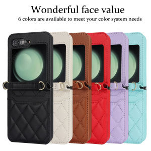for Samsung Z Flip 7 Case with Card Slot & Detachable Crossbody Strap & Hand Strap Slim PU Leather Flip Cover Hinge Protection Card Holder PC Bumper Protective Case for Galaxy Z Flip 6 CaseZ Flip 5 CaseZ Flip 4 Case
