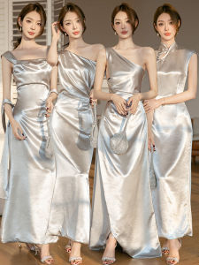 Grey Maids Dress Satin Wedding Sister Group Fashionable Long Sleeve Zipper Style Versatile for Party Performance Everyday Wear