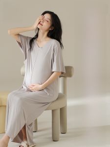 MiiOW | Pregnant Women Sleepwear With Chest Pad Anti-Bulge Maternity Home Clothes Summer Lightweight V-Neck Midi Dress Thin Fabric