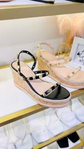 Giày sandal cói đinh HALEY STORE gót 9cm đế xuồng nâu quai kéo tiểu thư công chúa đi chơi đi làm đi chơi du lịch biển