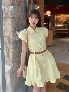 Summer Beautiful Waist-Cinching Polo Neck Dress Womens Fashionable Short Skirt Korean Style Commute High Waist Fly Sleeve