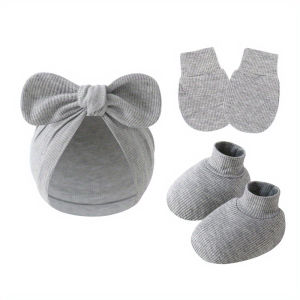 3Pcs/set Baby Bow Hat Gloves Socks Cotton Newborn Beanie Solid Color Bonnet for Girls Boys Infant Shower Gifts 0-6M