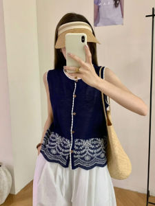 YUEZHONGWEI | Elegant Embroidered Heavy Knit Vest Ice Silk Thin Sleeveless Womens Summer Outerwear Loose Fit Fashionable Commute Style